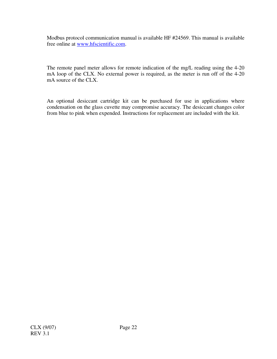 3 modbus communication, 3 remote panel meter, 4 disiccant cartridge option | HF scientific CLX Online Residual Chlorine Monitor (Old) User Manual | Page 28 / 37