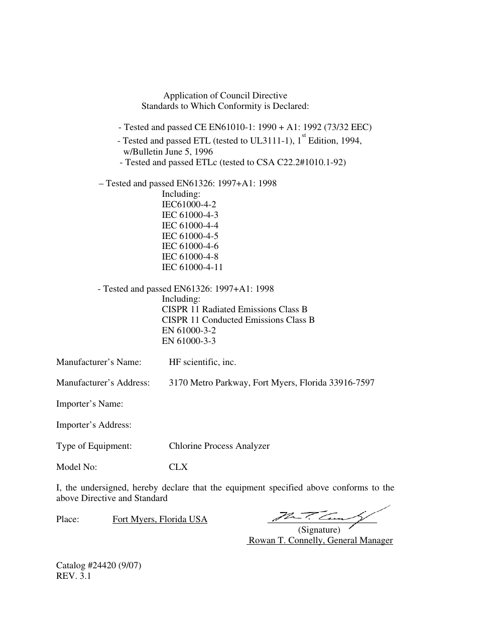 Declaration of conformity | HF scientific CLX Online Residual Chlorine Monitor (Old) User Manual | Page 3 / 37