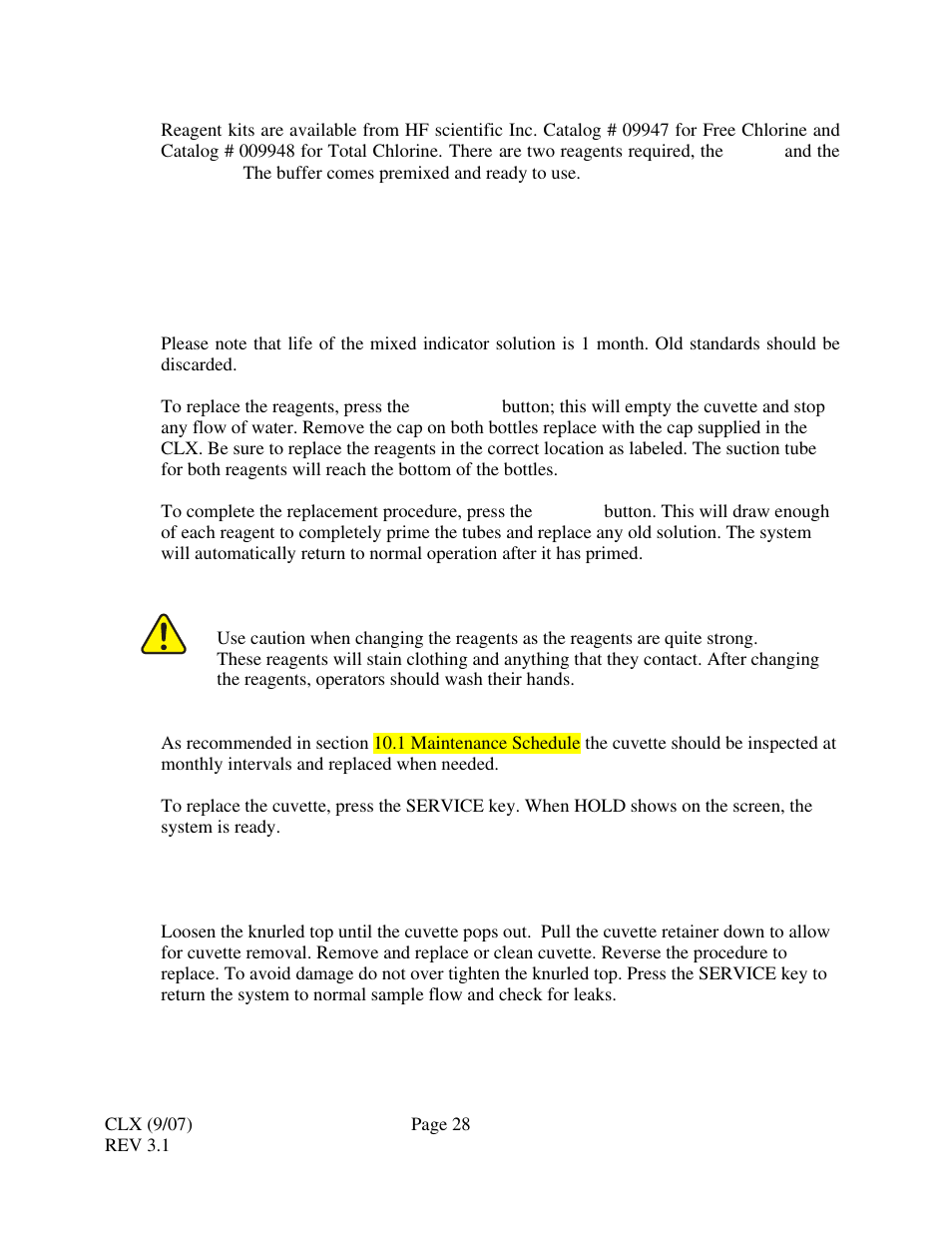 2 replacing or installing the reagents, 3 cuvette change | HF scientific CLX Online Residual Chlorine Monitor (Old) User Manual | Page 34 / 37
