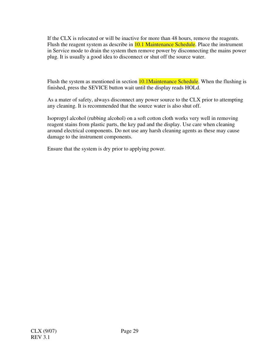 4 instrument storage, 5 cleaning the clx | HF scientific CLX Online Residual Chlorine Monitor (Old) User Manual | Page 35 / 37