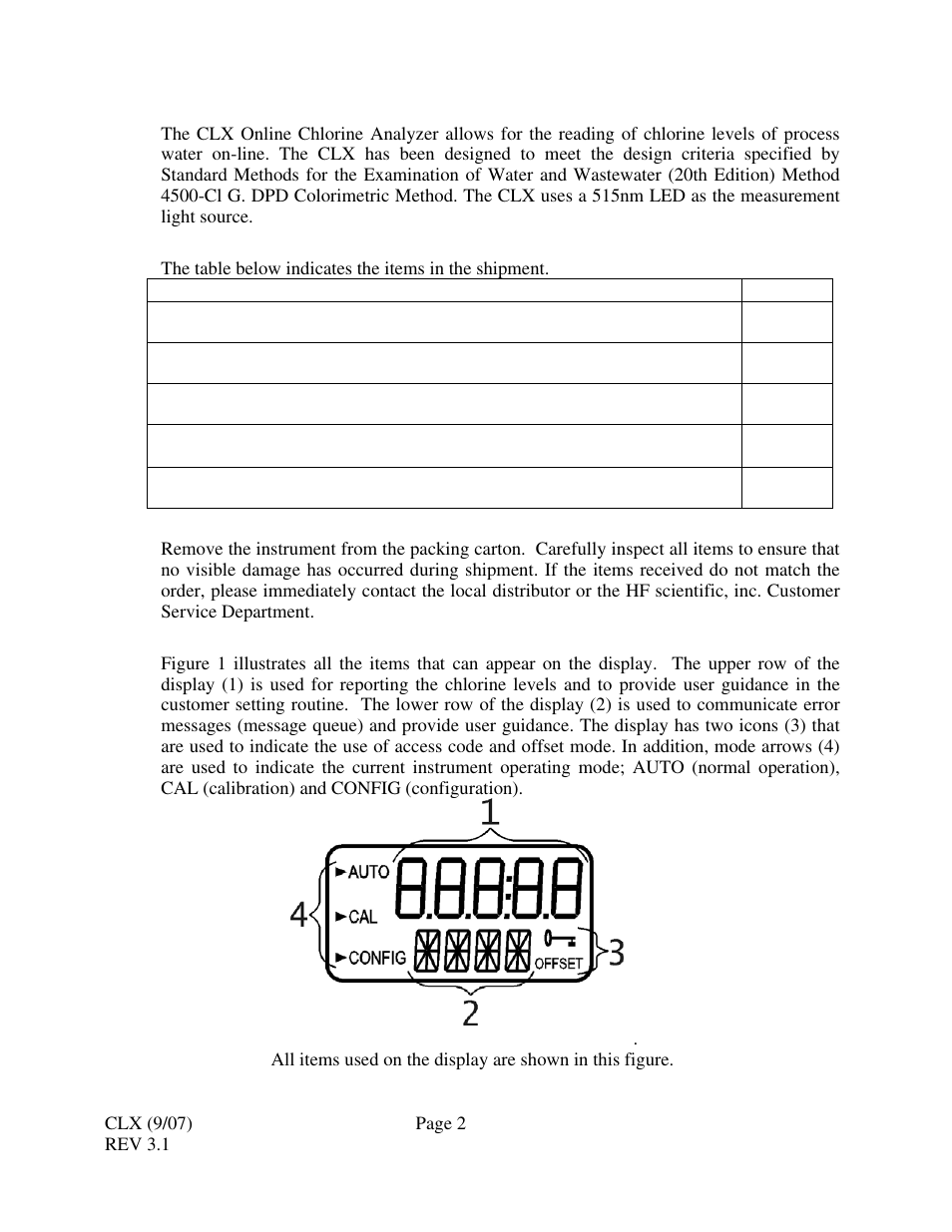 0 overview, 1 unpacking and inspection, 2 the display | HF scientific CLX Online Residual Chlorine Monitor (Old) User Manual | Page 8 / 37