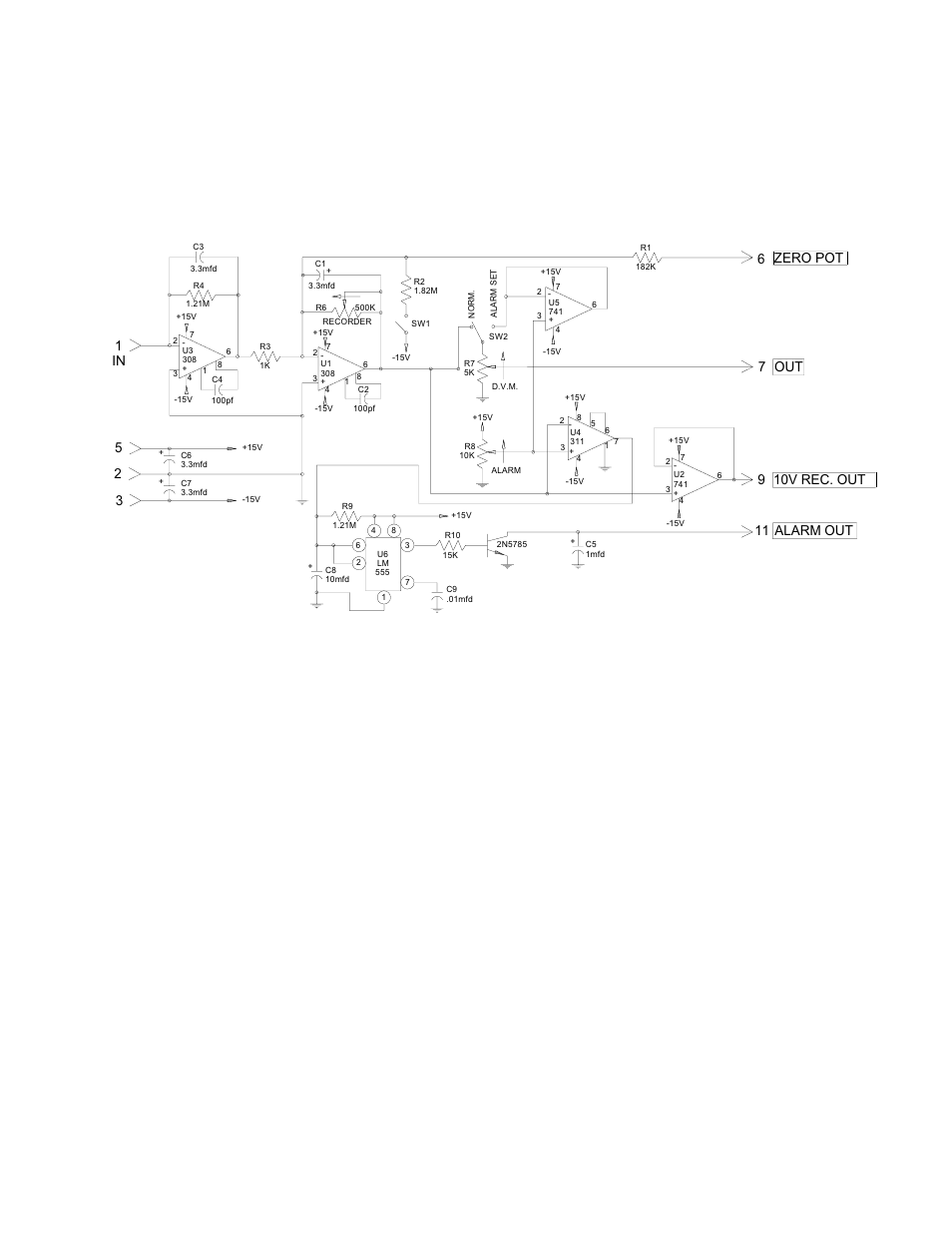 Figure 12 amplifier board schematic, Page 22, Alarm out | 11 10v rec. out zero pot, 9out 7 | HF scientific Oil Content Bilge Alarm User Manual | Page 28 / 36