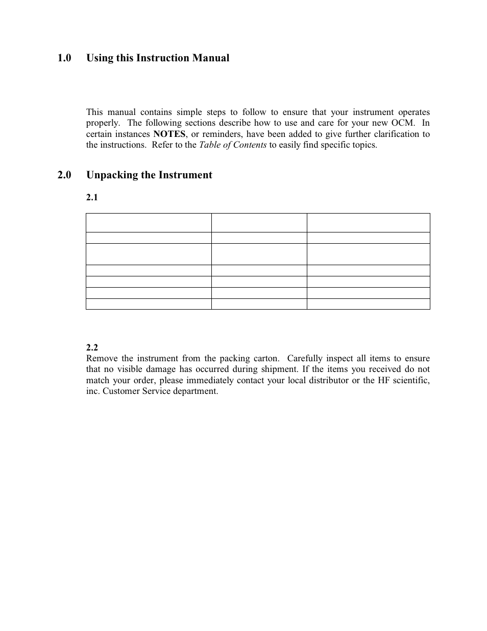 Using this instruction manual, Unpacking the instrument, Packing list of contents | HF scientific Oil Content Monitor User Manual | Page 8 / 37