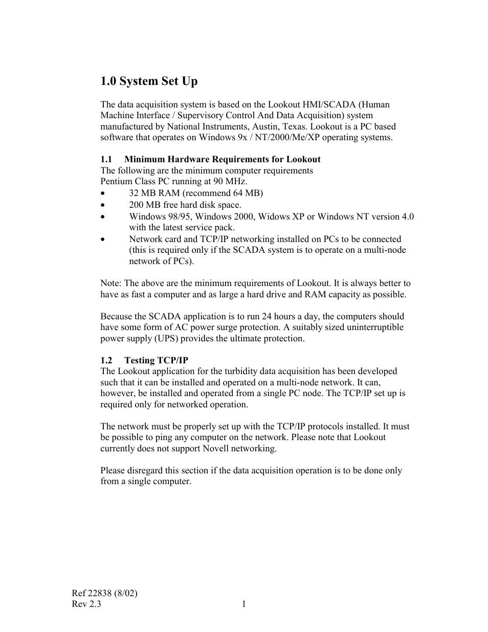 0 system set up, Minimum hardware requirements for lookout, Pentium class pc running at 90 mhz | 200 mb free hard disk space, 2 testing tcp/ip | HF scientific Online Data Acquisition System User Manual | Page 3 / 31