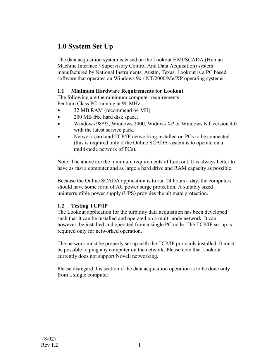 0 system set up, Minimum hardware requirements for lookout, Pentium class pc running at 90 mhz | 200 mb free hard disk space, 2 testing tcp/ip | HF scientific Online SCADA System User Manual | Page 3 / 31