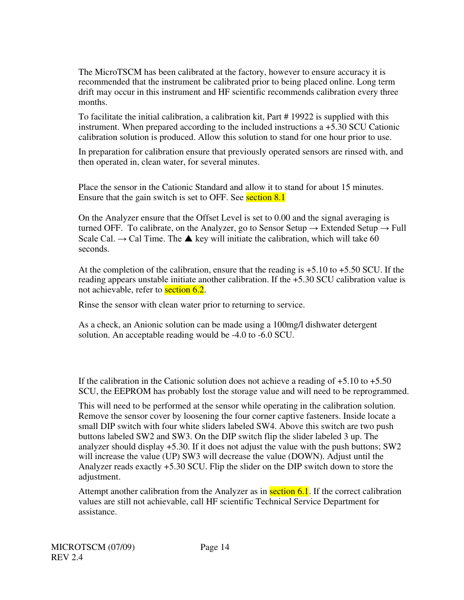 0 calibration, 1 calibration procedure, 2 eeprom programming correction | HF scientific MicroTSCM Streaming Current Monitor User Manual | Page 18 / 30