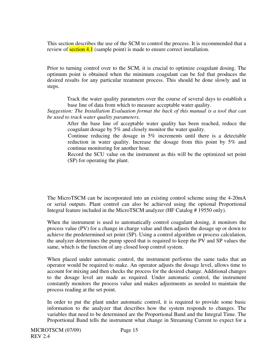 0 automatic control, 1 optimization of treatment process, 2 pi control overview | HF scientific MicroTSCM Streaming Current Monitor User Manual | Page 19 / 30