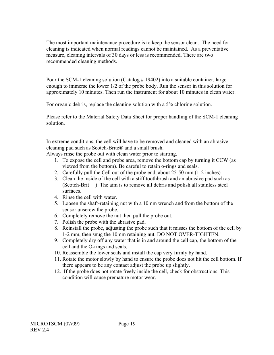 0 routine maintenance, 1 preferred method - chemical cleaning, 2 manual cleaning | HF scientific MicroTSCM Streaming Current Monitor User Manual | Page 23 / 30