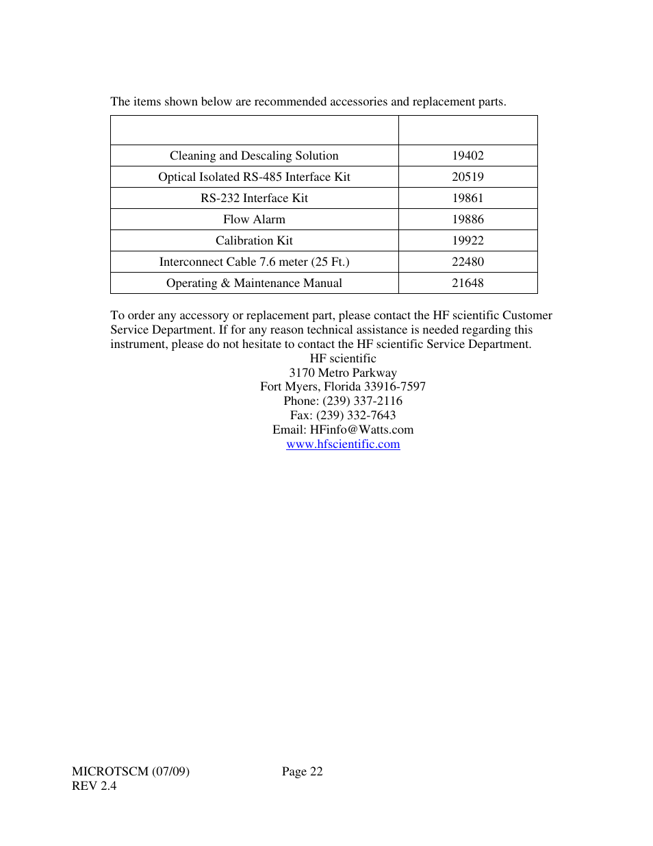 0 accessories and replacement parts list | HF scientific MicroTSCM Streaming Current Monitor User Manual | Page 26 / 30