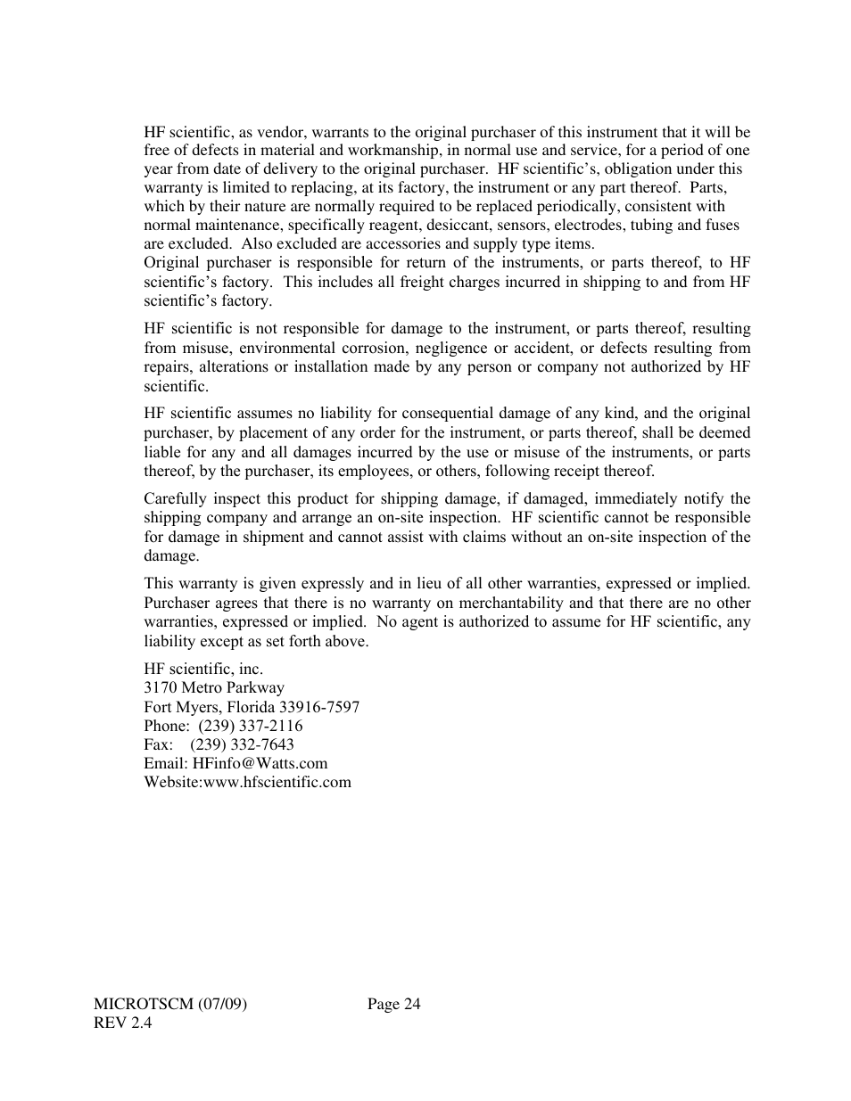 0 warranty | HF scientific MicroTSCM Streaming Current Monitor User Manual | Page 28 / 30
