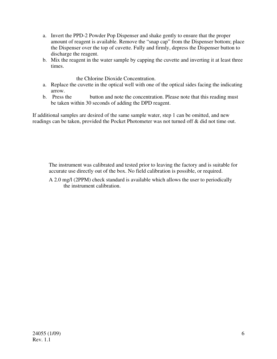 0 instrument calibration | HF scientific Chlorine Dioxide Pocket Photometer Field Portable User Manual | Page 10 / 15