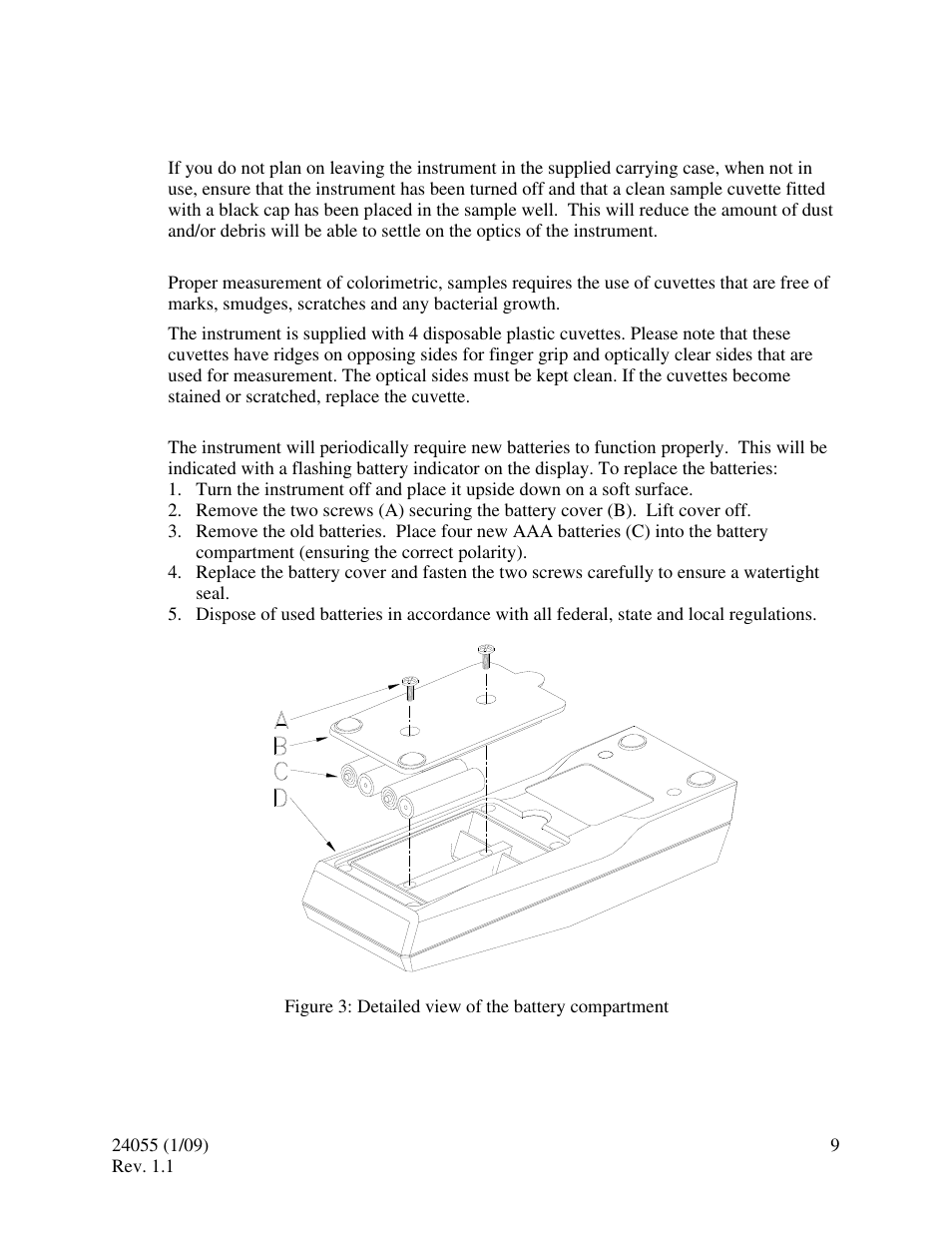 0 routine maintenance, 1 cuvette cleaning and care, 2 battery replacement | HF scientific Chlorine Dioxide Pocket Photometer Field Portable User Manual | Page 13 / 15