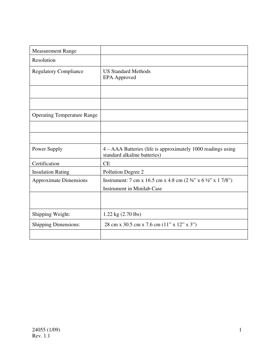 Specifications | HF scientific Chlorine Dioxide Pocket Photometer Field Portable User Manual | Page 5 / 15