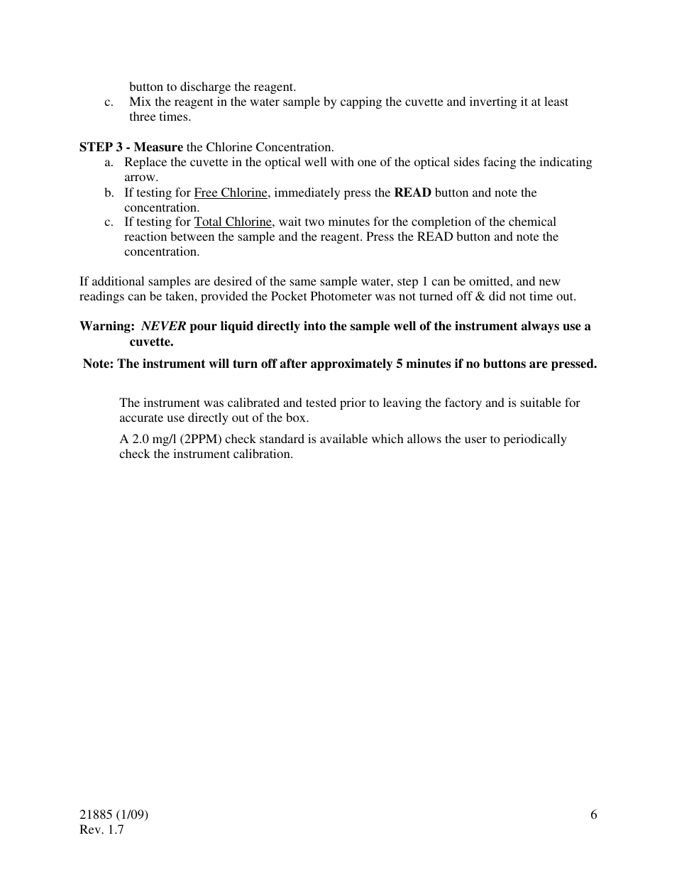 0 instrument calibration | HF scientific Chlorine Pocket Photometer Field Portable User Manual | Page 10 / 15