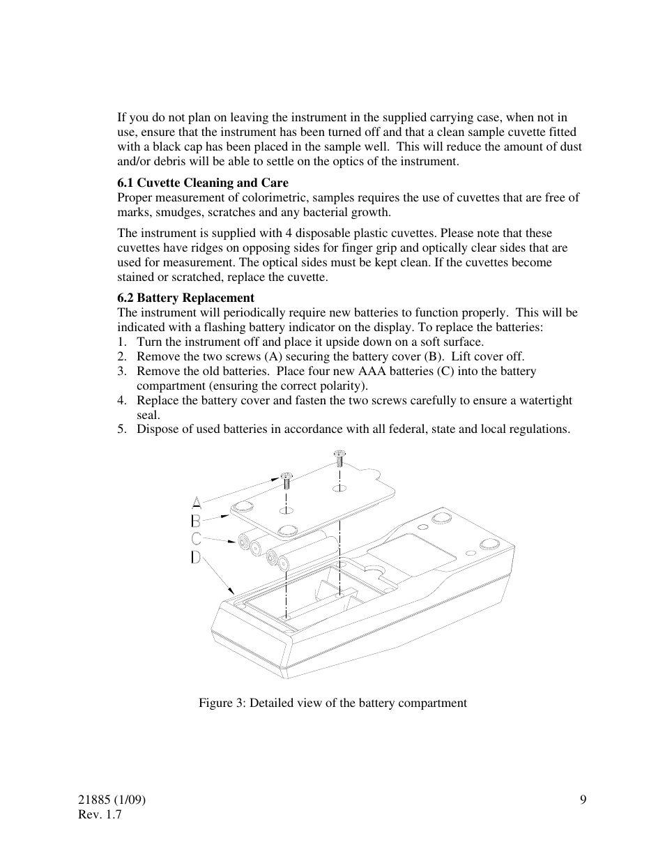 0 routine maintenance, 1 cuvette cleaning and care, 2 battery replacement | HF scientific Chlorine Pocket Photometer Field Portable User Manual | Page 13 / 15