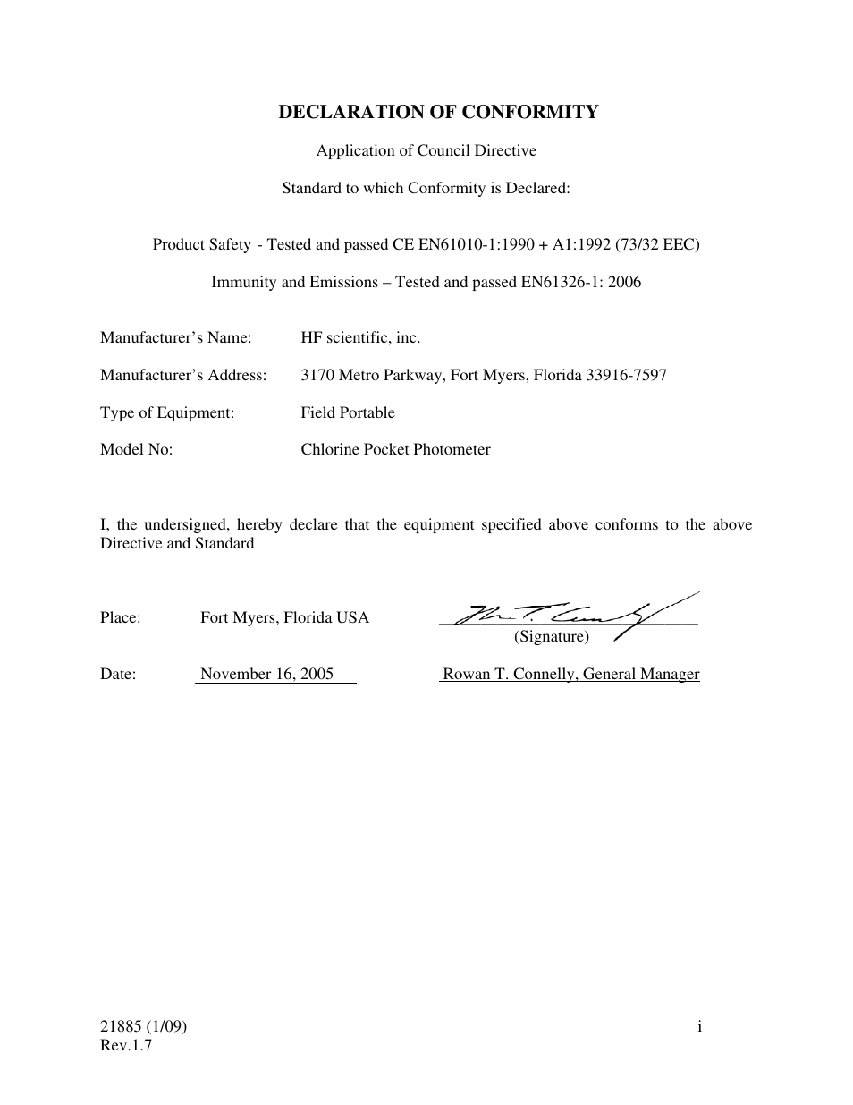 Declaration of conformity | HF scientific Chlorine Pocket Photometer Field Portable User Manual | Page 3 / 15