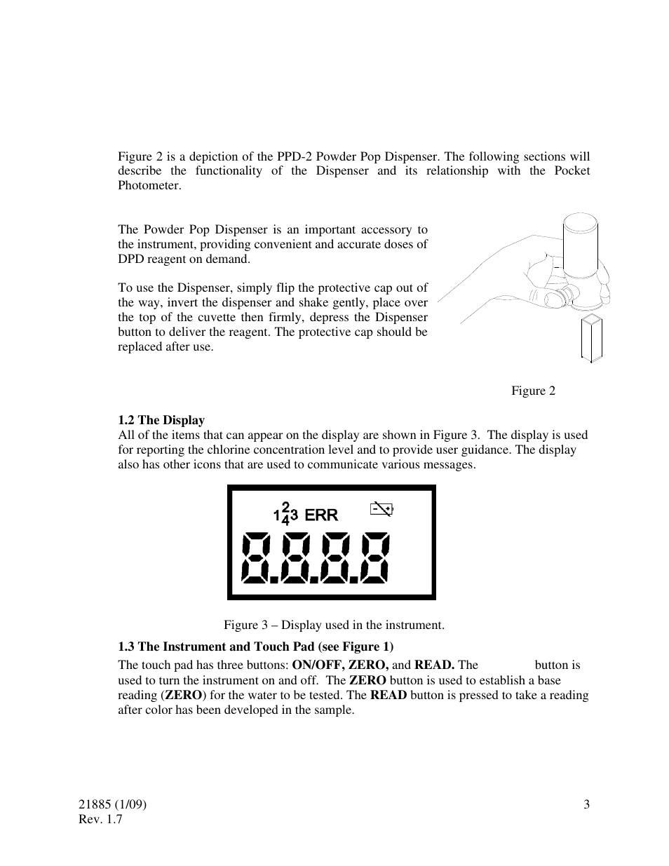 2 the display, 3 the instrument and touch pad, 2 the | Display, The instrument and touch pad | HF scientific Chlorine Pocket Photometer Field Portable User Manual | Page 7 / 15