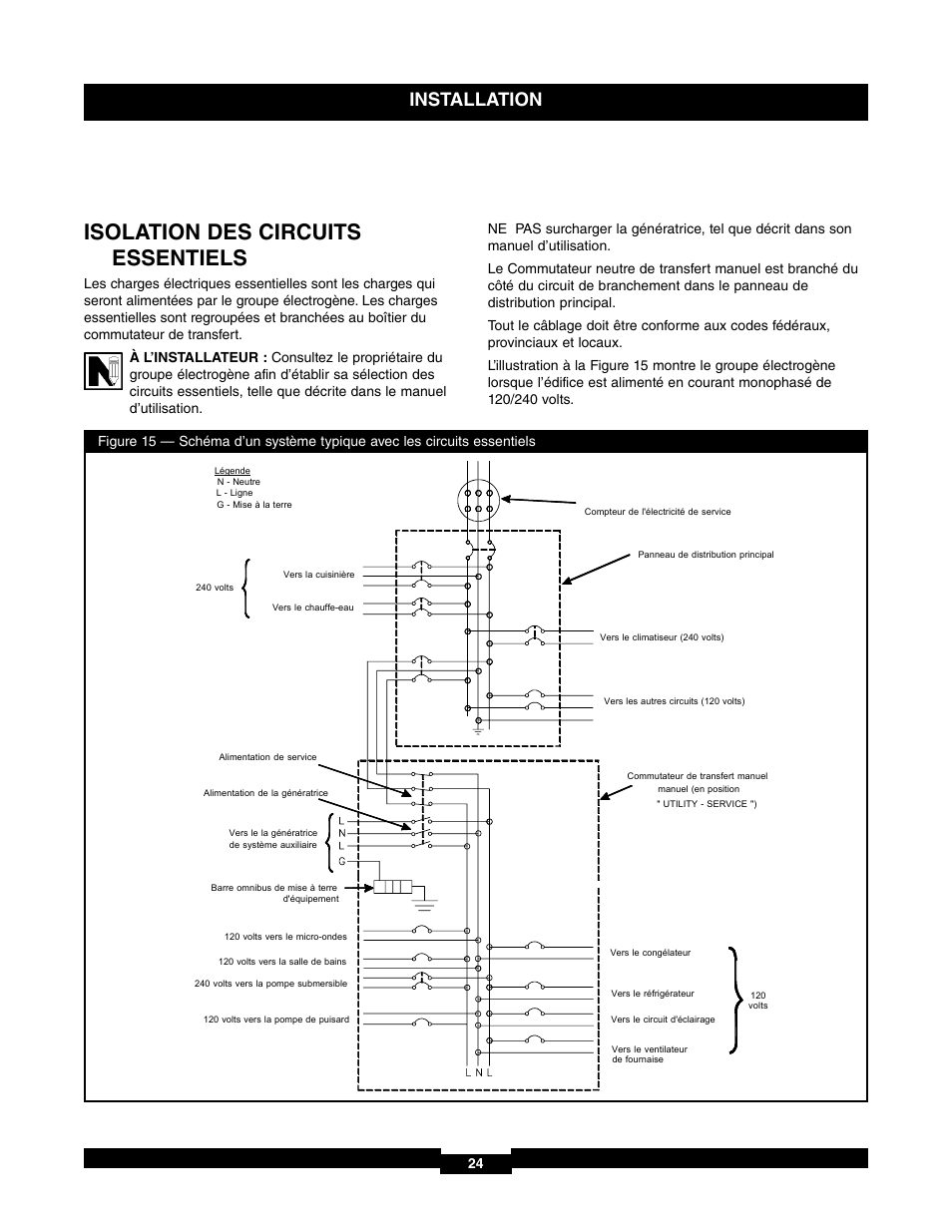 Isolation des circuits essentiels, Installation | Briggs & Stratton 71017 User Manual | Page 24 / 48