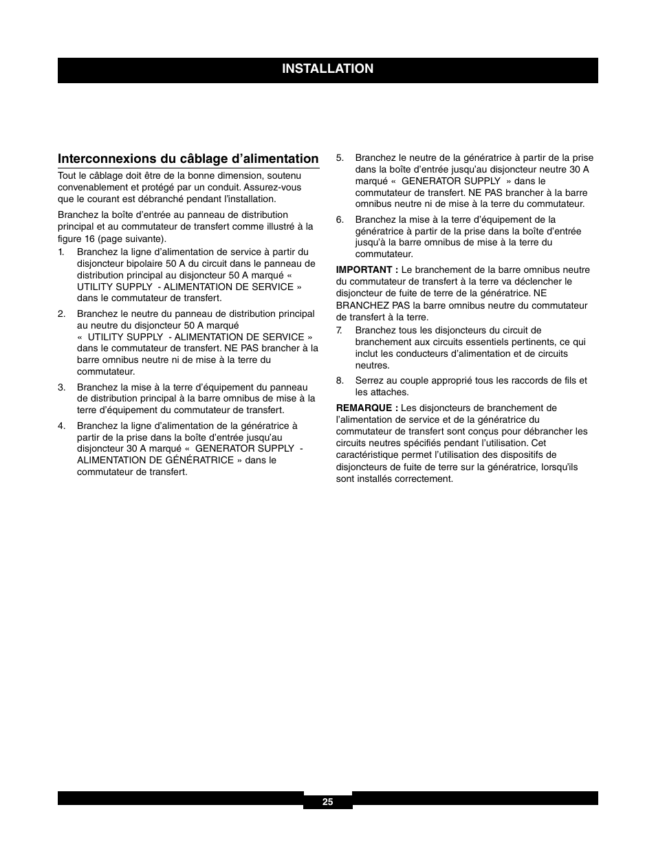 Installation, Interconnexions du câblage d’alimentation | Briggs & Stratton 71017 User Manual | Page 25 / 48