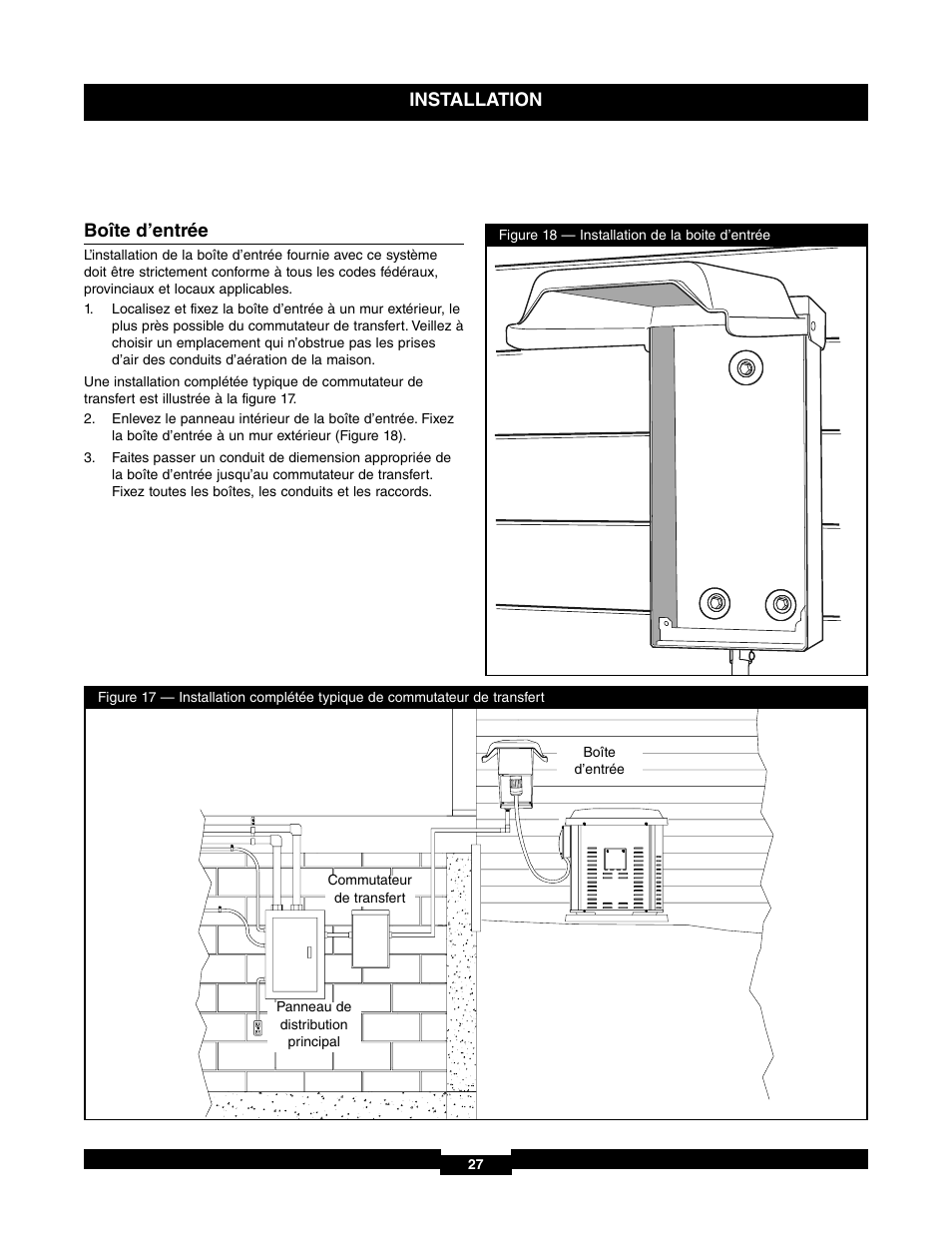 Installation, Boîte d’entrée | Briggs & Stratton 71017 User Manual | Page 27 / 48