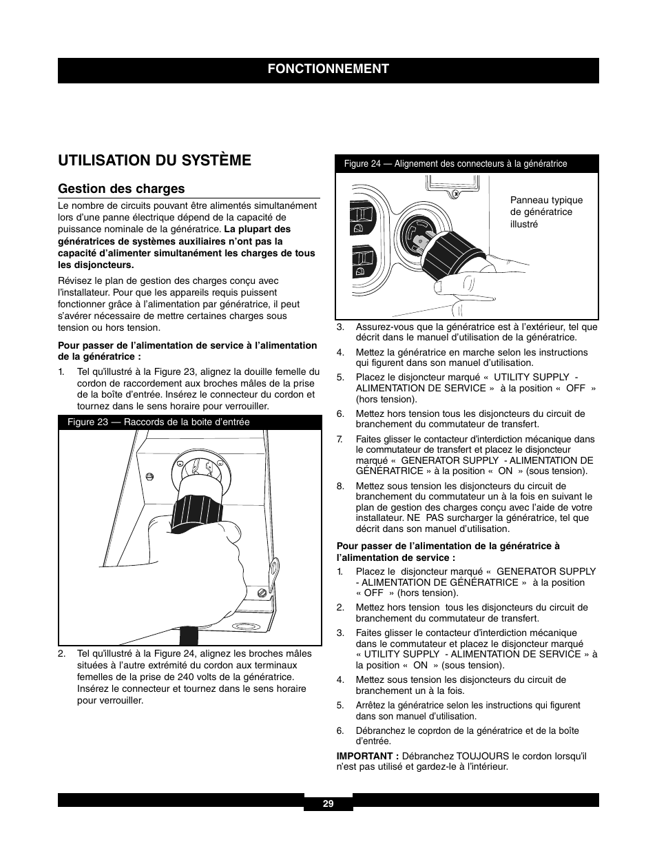 Utilisation du système, Fonctionnement, Gestion des charges | Briggs & Stratton 71017 User Manual | Page 29 / 48