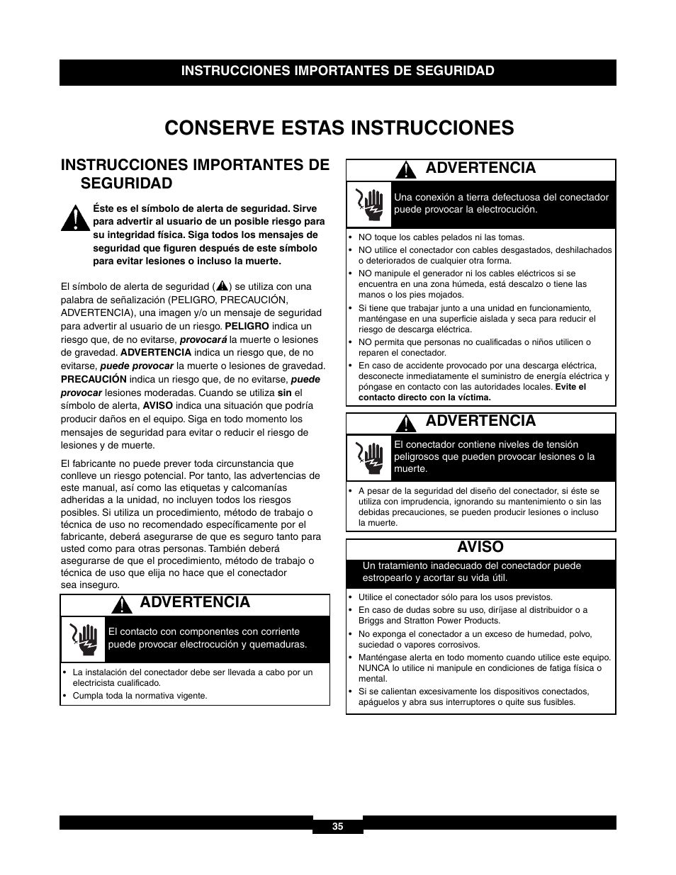 Conserve estas instrucciones, Advertencia, Aviso | Instrucciones importantes de seguridad | Briggs & Stratton 71017 User Manual | Page 35 / 48