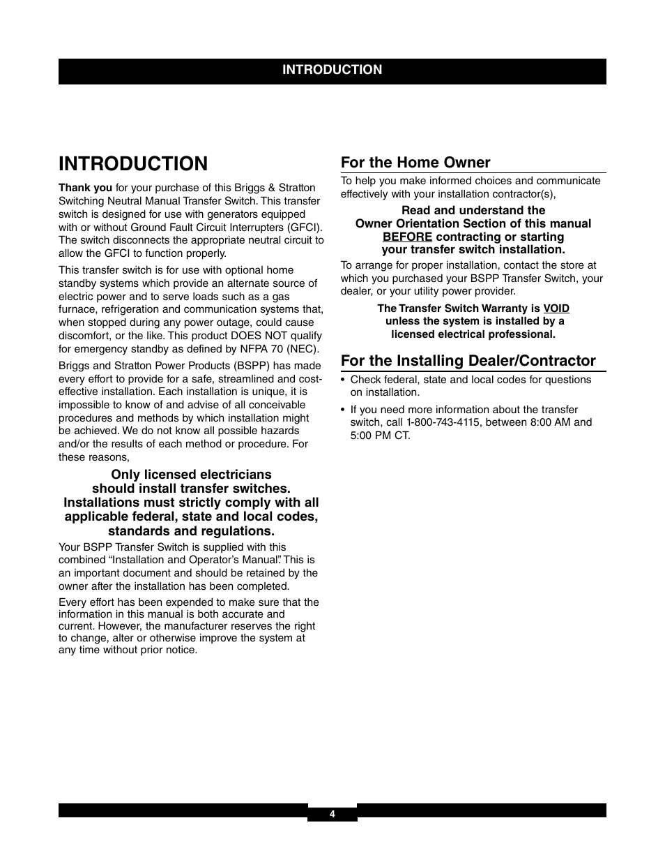 Introductio, Introduction, For the home owner | For the installing dealer/contractor | Briggs & Stratton 71017 User Manual | Page 4 / 48