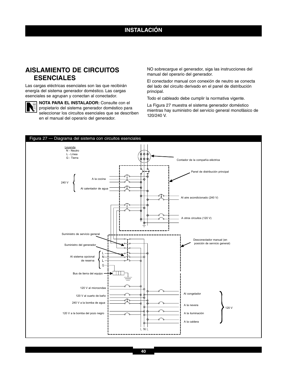 Aislamiento de circuitos esenciales, Instalación | Briggs & Stratton 71017 User Manual | Page 40 / 48