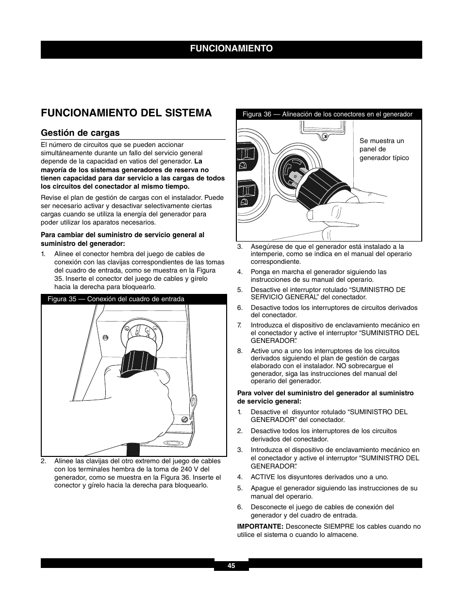Funcionamiento del sistema, Funcionamiento, Gestión de cargas | Briggs & Stratton 71017 User Manual | Page 45 / 48