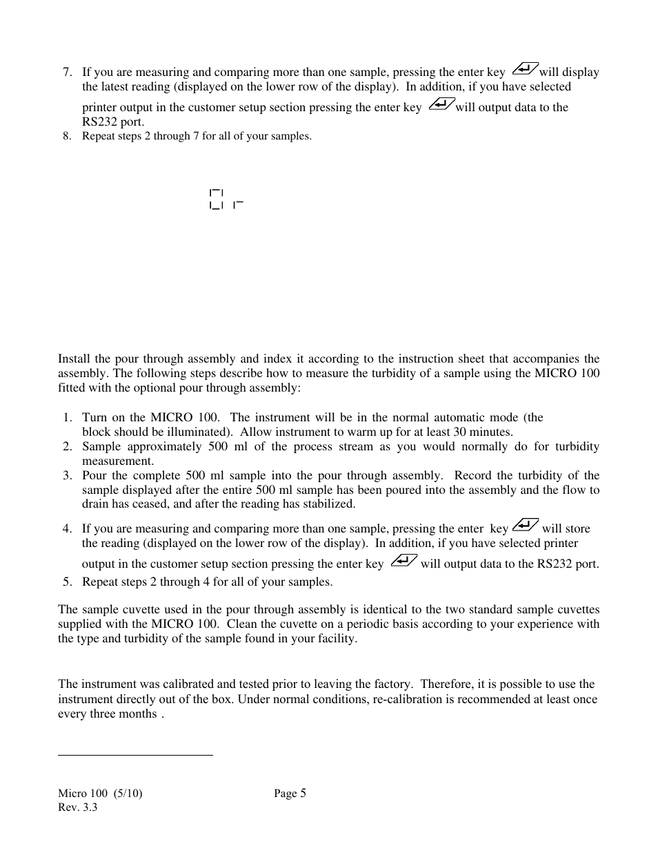 2 pour through sample measurement, 0 calibration procedures | HF scientific Micro100 Laboratory Turbidimeter User Manual | Page 11 / 21