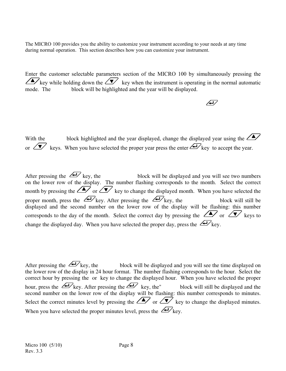 0 user selectable parameters, 1 setting the year, 2 setting day and month | 3 setting the time | HF scientific Micro100 Laboratory Turbidimeter User Manual | Page 14 / 21