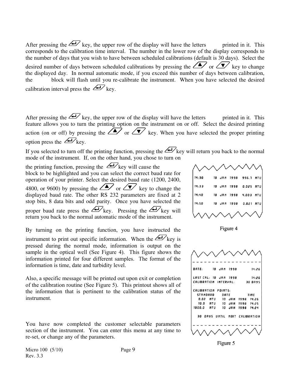 4 setting the calibration interval, 5 setting the printing function, 6 completing selectable parameters | HF scientific Micro100 Laboratory Turbidimeter User Manual | Page 15 / 21