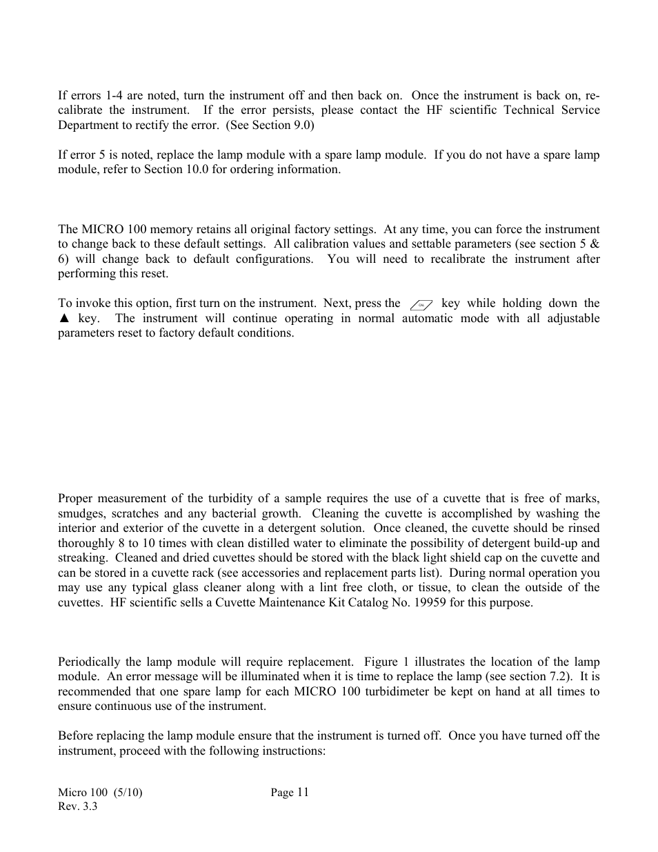 3 factory default parameters, 0 routine maintenance, 1 cuvette cleaning and care | 2 lamp replacement | HF scientific Micro100 Laboratory Turbidimeter User Manual | Page 17 / 21