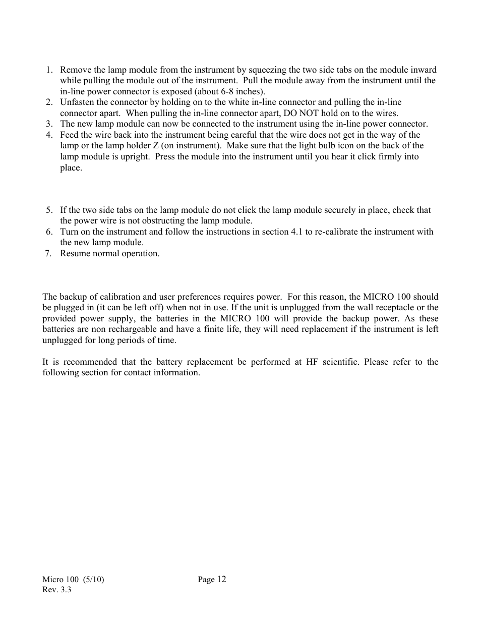 3 battery replacement | HF scientific Micro100 Laboratory Turbidimeter User Manual | Page 18 / 21