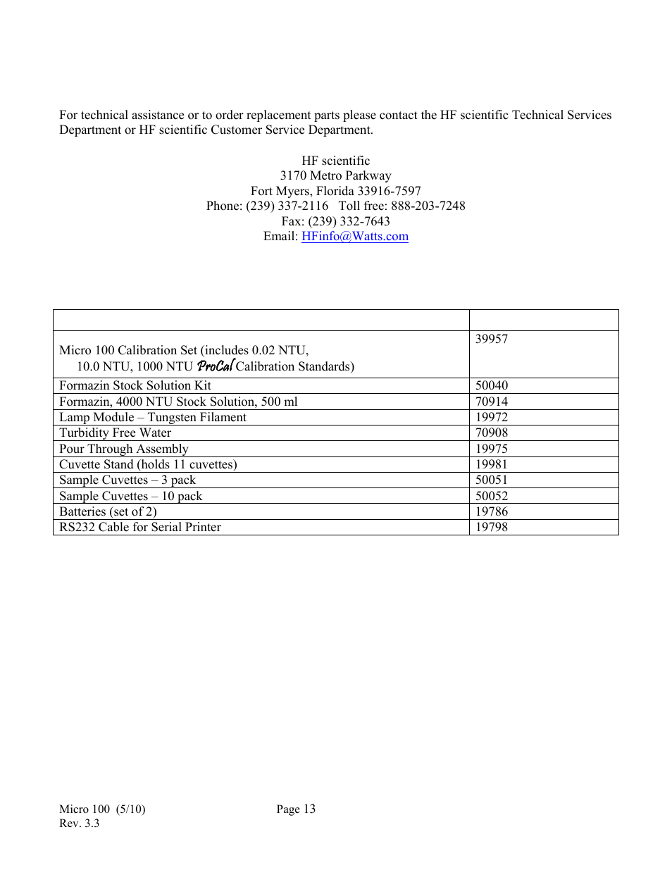0 contacting the technical service department, 0 accessories and replacement parts list | HF scientific Micro100 Laboratory Turbidimeter User Manual | Page 19 / 21