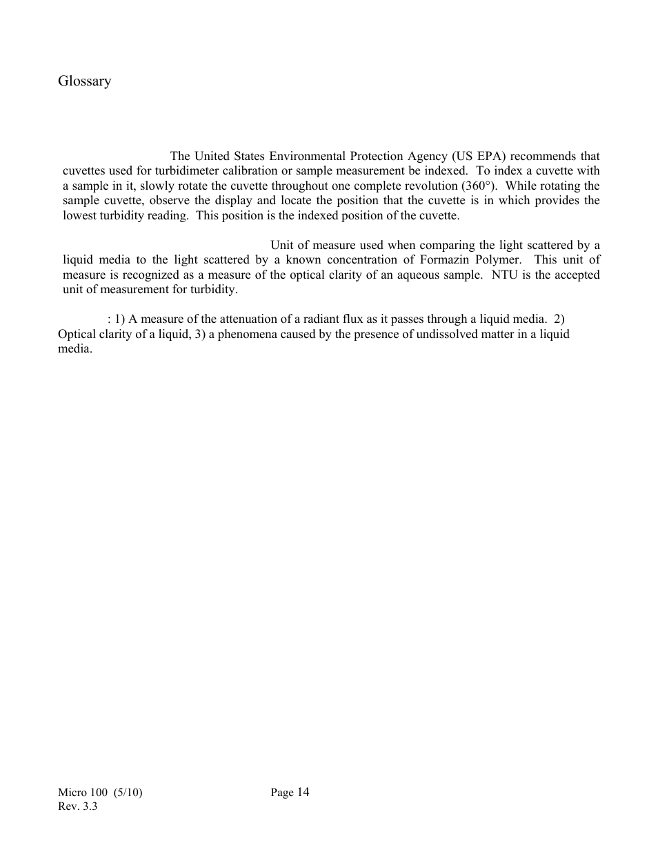 Glossary | HF scientific Micro100 Laboratory Turbidimeter User Manual | Page 20 / 21