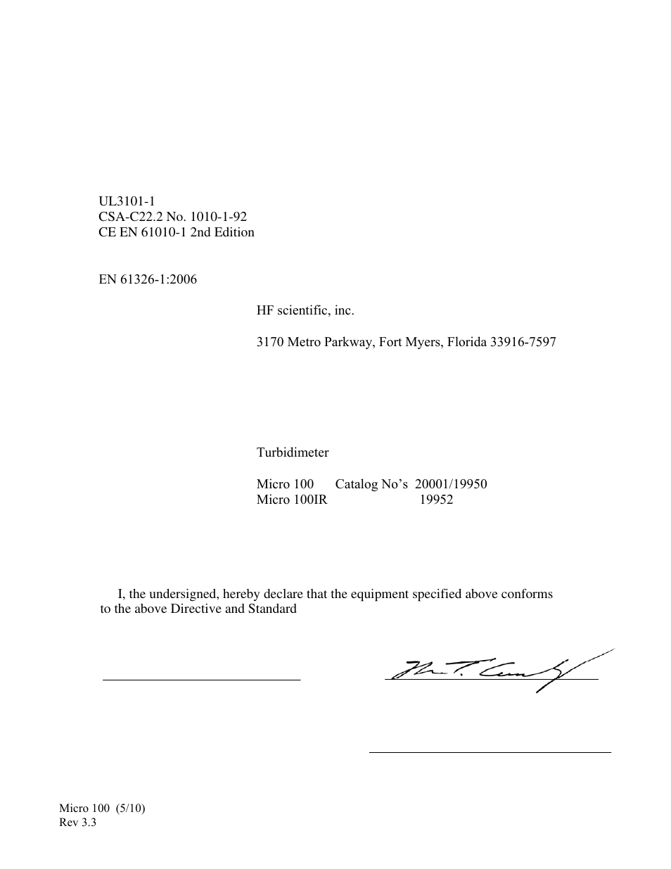 Declaration of conformity | HF scientific Micro100 Laboratory Turbidimeter User Manual | Page 3 / 21