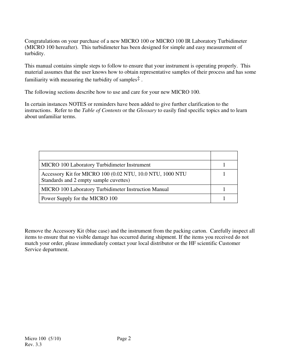0 using this instruction manual, 0 unpacking the instrument, 1 packing list of contents | 2 unpacking and inspection | HF scientific Micro100 Laboratory Turbidimeter User Manual | Page 8 / 21