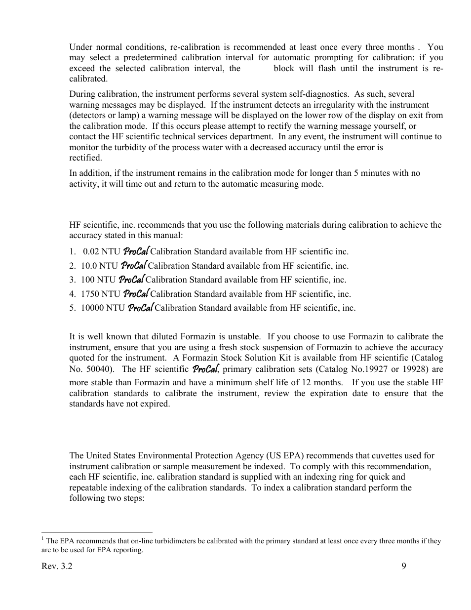 Calibration standards, Indexing the calibration standard(s) | HF scientific Micro1000 Laboratory Turbidimeter - 0-10,000 NTU User Manual | Page 15 / 33