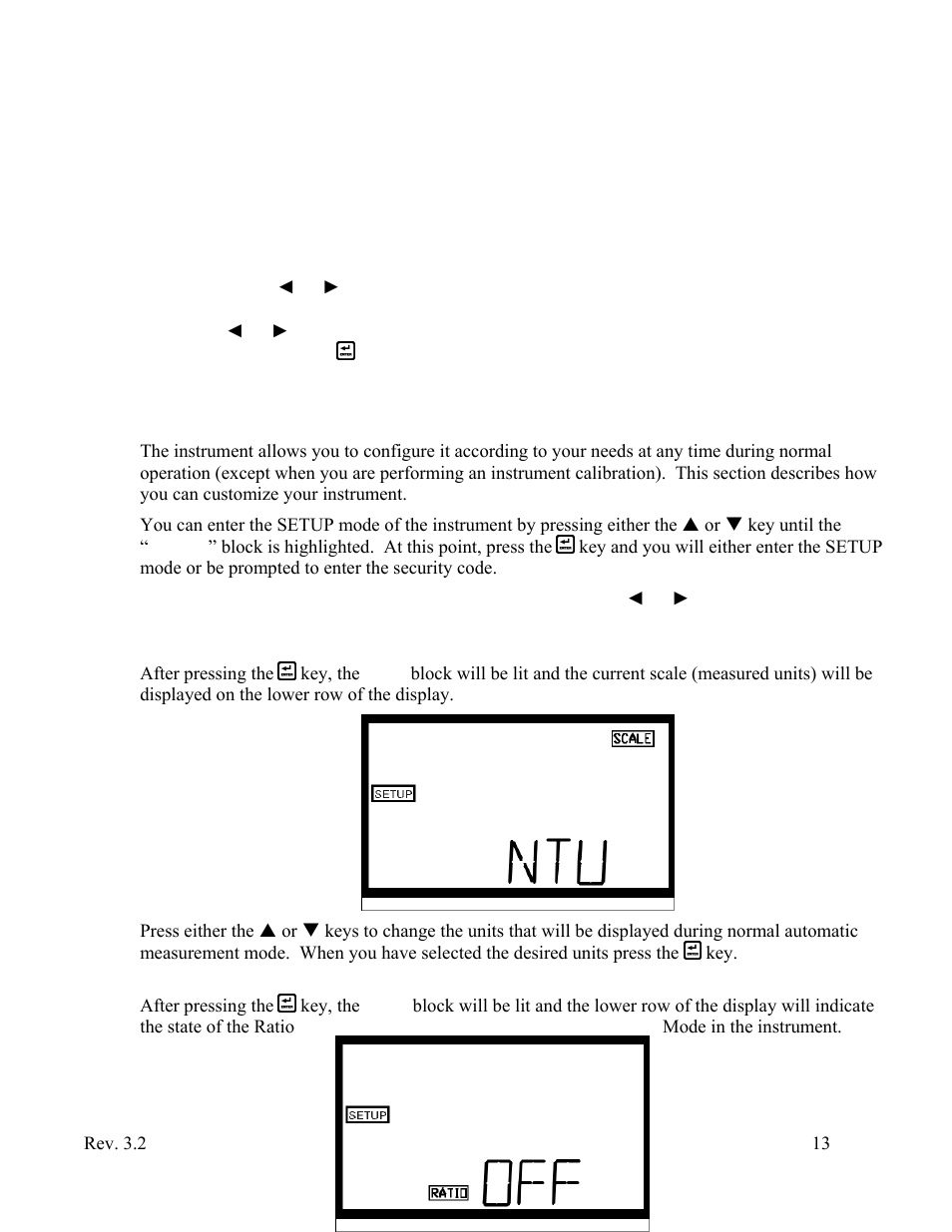 Instrument configuration (setup) mode, Setting the scale, Setting the ratio mode | HF scientific Micro1000 Laboratory Turbidimeter - 0-10,000 NTU User Manual | Page 19 / 33