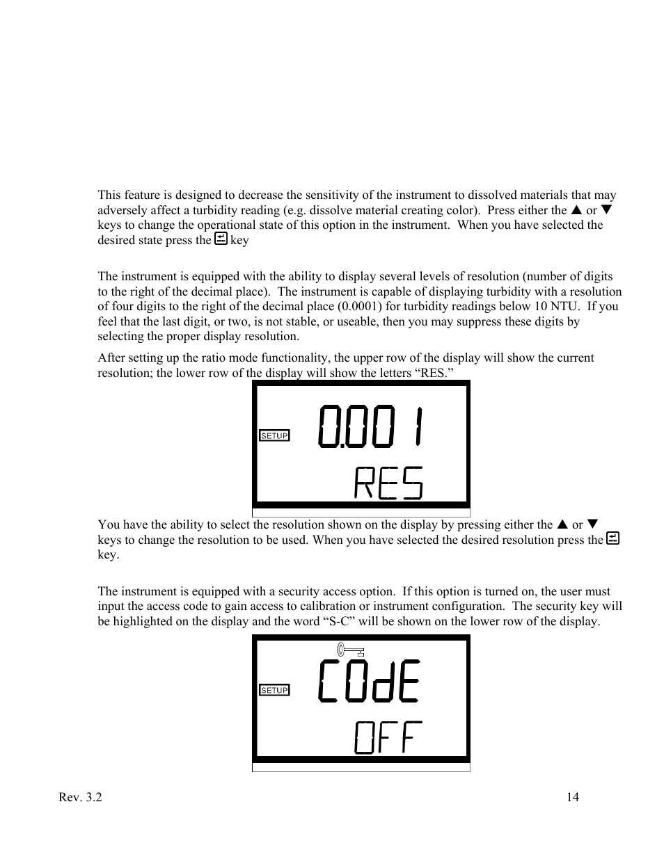 Selecting display resolution, Configuring the security code | HF scientific Micro1000 Laboratory Turbidimeter - 0-10,000 NTU User Manual | Page 20 / 33