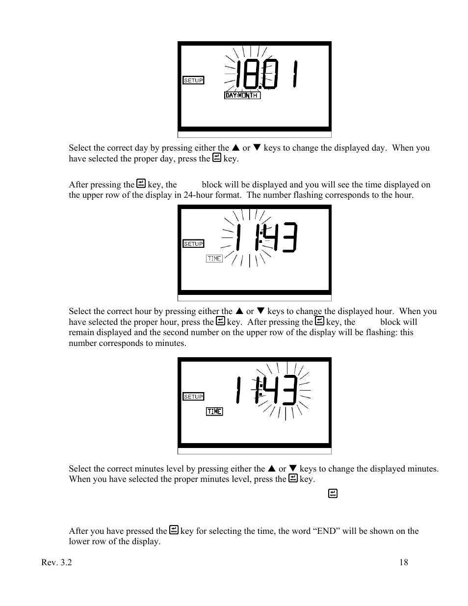 Setting the time (hours and minutes), Exiting the setup mode | HF scientific Micro1000 Laboratory Turbidimeter - 0-10,000 NTU User Manual | Page 24 / 33