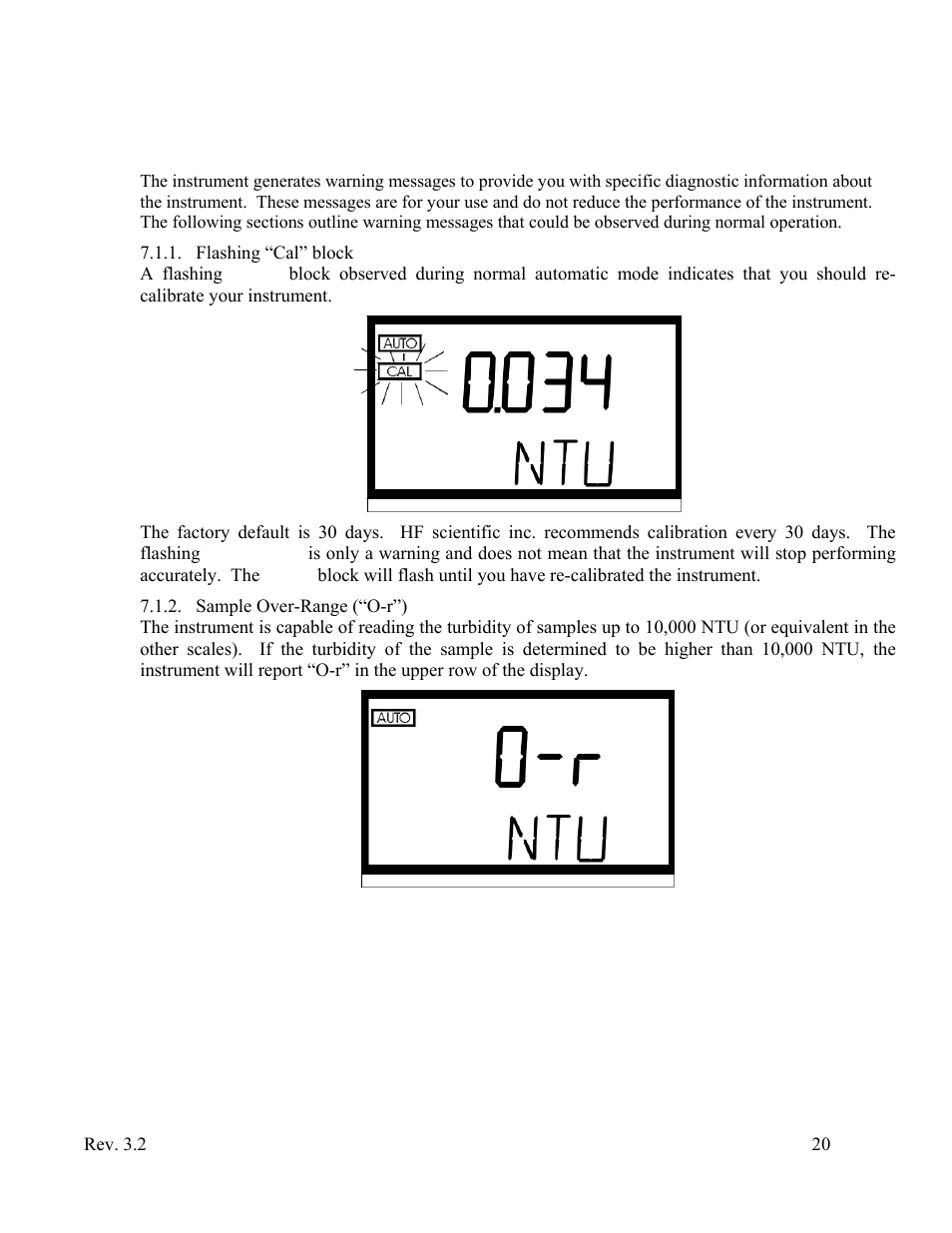 Troubleshooting, System warning message(s), Flashing “cal” block | Sample over-range (“o-r”) | HF scientific Micro1000 Laboratory Turbidimeter - 0-10,000 NTU User Manual | Page 26 / 33