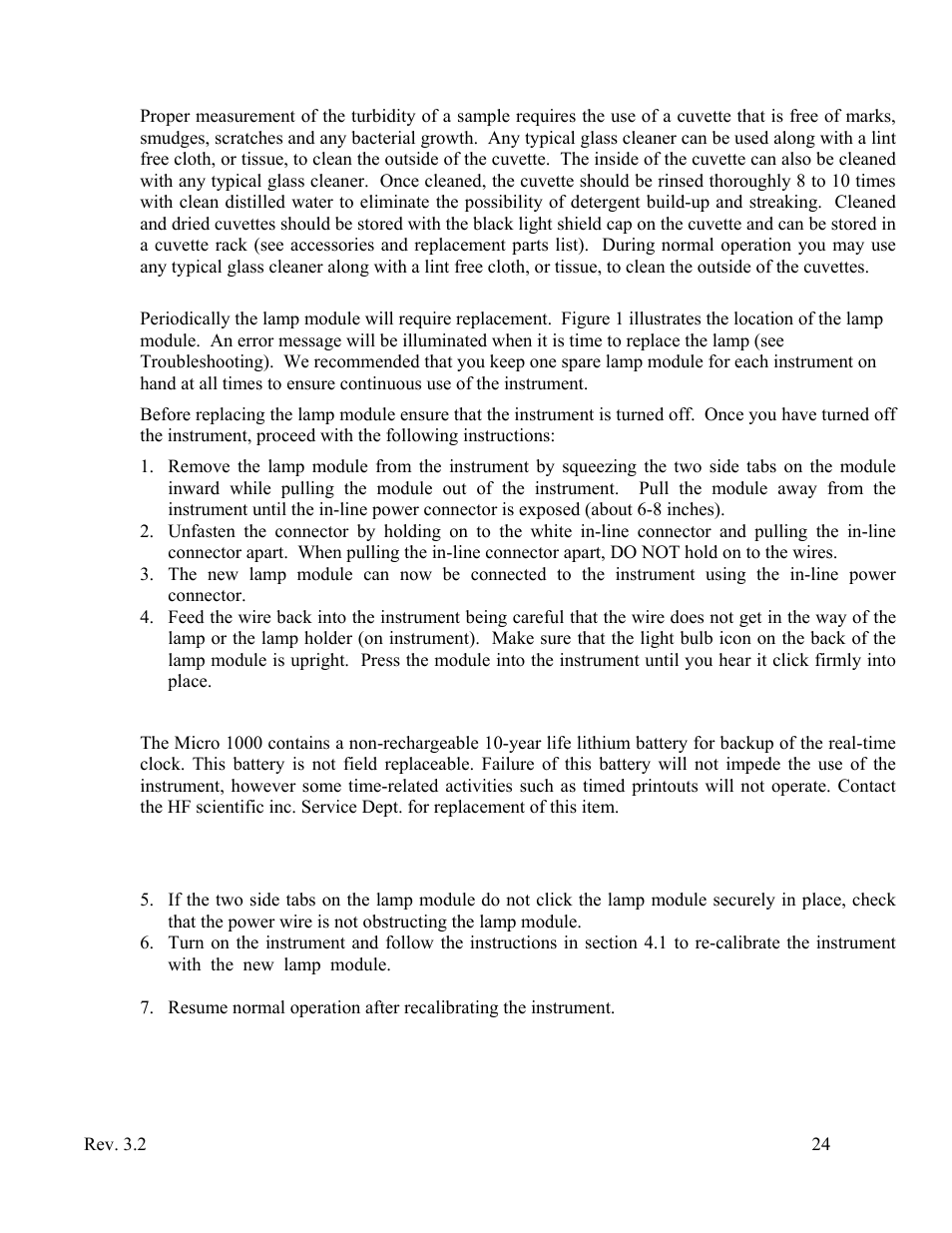 Lamp replacement, Battery replacement | HF scientific Micro1000 Laboratory Turbidimeter - 0-10,000 NTU User Manual | Page 30 / 33