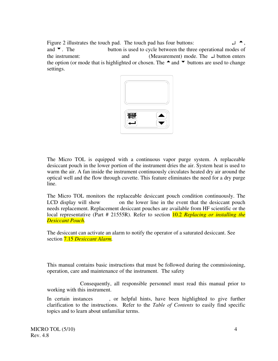 4 touch pad, 5 vapor purge, 0 safety | HF scientific MicroTOL Online Turbidimeter User Manual | Page 10 / 44