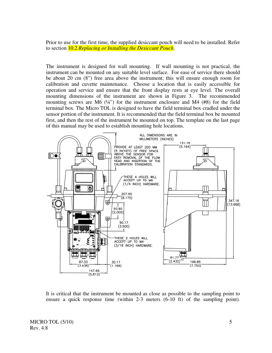 0 installation and commissioning, 1 mounting and site selection | HF scientific MicroTOL Online Turbidimeter User Manual | Page 11 / 44