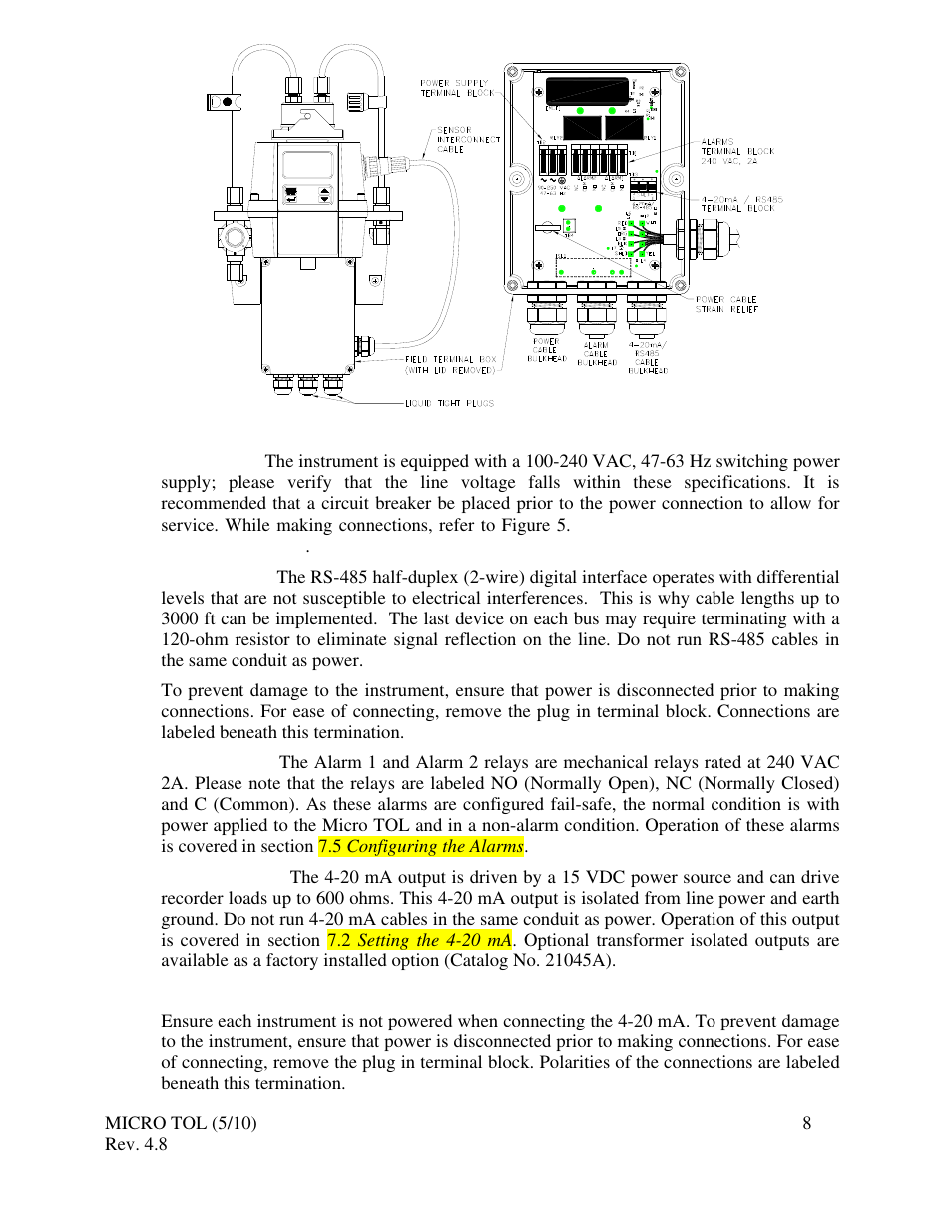1 power, 2 rs-485, 3 relays | 4 4-20ma | HF scientific MicroTOL Online Turbidimeter User Manual | Page 14 / 44