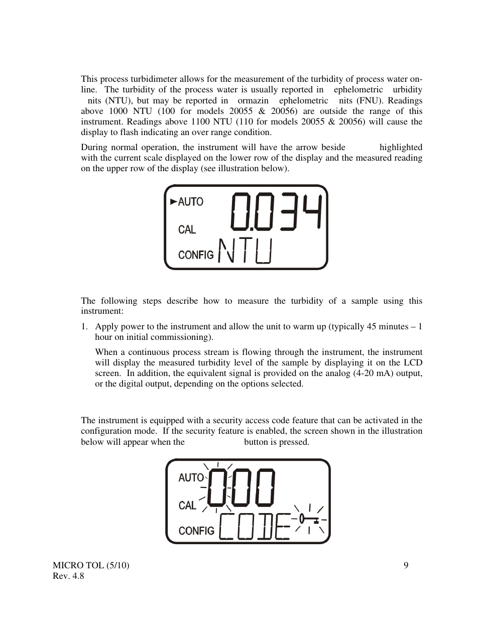 0 operation, 1 routine maintenance, 2 security access feature | HF scientific MicroTOL Online Turbidimeter User Manual | Page 15 / 44