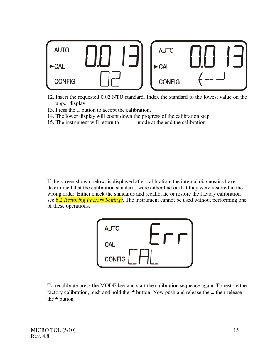 3 calibration error | HF scientific MicroTOL Online Turbidimeter User Manual | Page 19 / 44