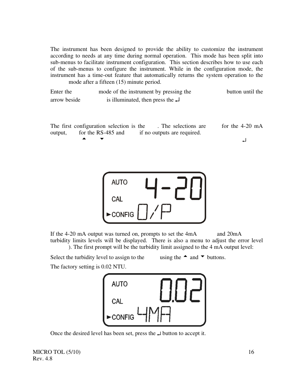 0 instrument configuration, 1 selection the output (o/p), 2 setting the 4-20ma | HF scientific MicroTOL Online Turbidimeter User Manual | Page 22 / 44